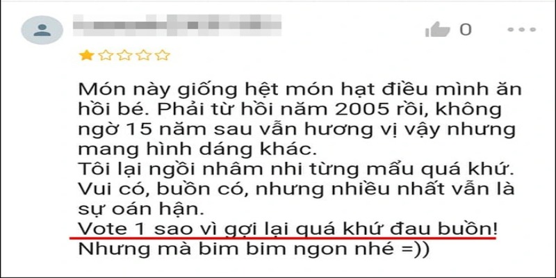 Khách hàng cho 1 sao vì ngon nhưng làm người ăn thấy buồn